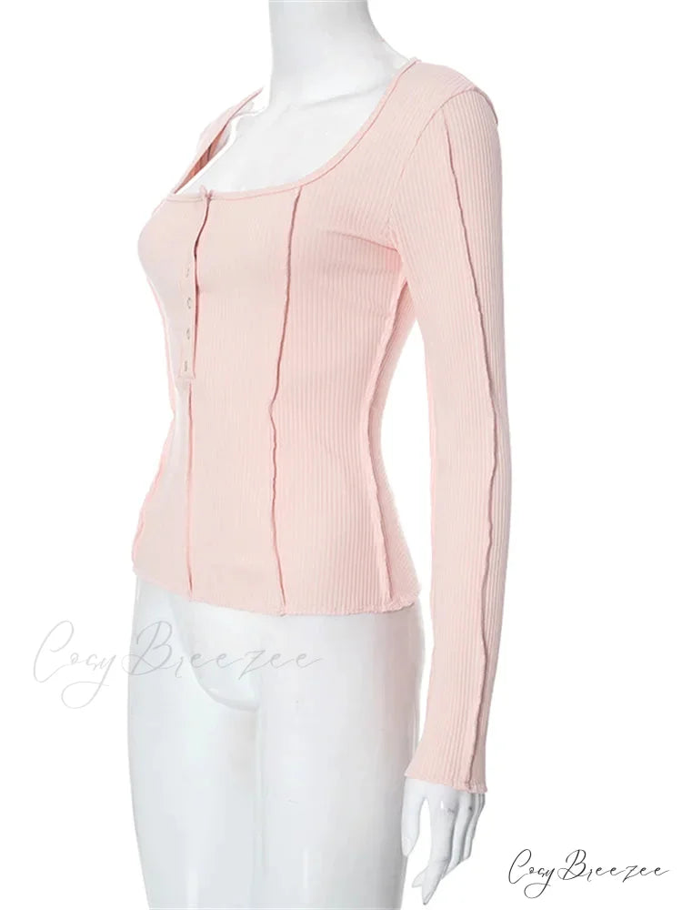 Long Sleeve Solid Color Slim Fit Ribbed Button Up T-shirts