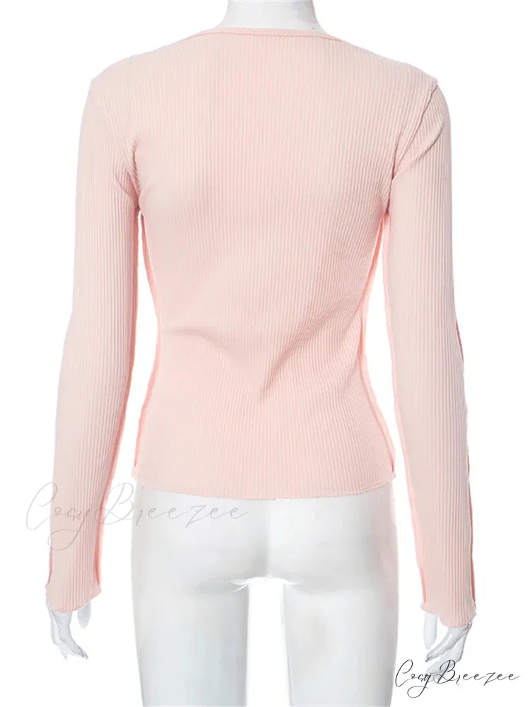 Long Sleeve Solid Color Slim Fit Ribbed Button Up T-shirts