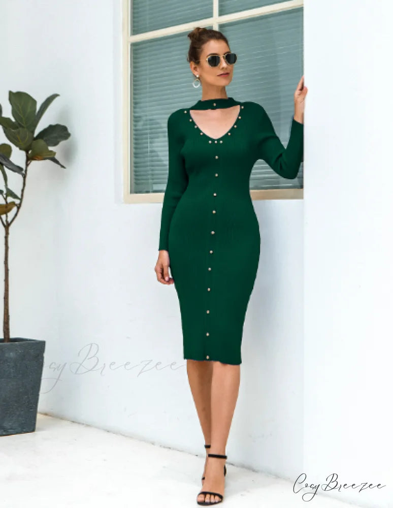 Long-Sleeved Beaded Knitted Sweater Skirt