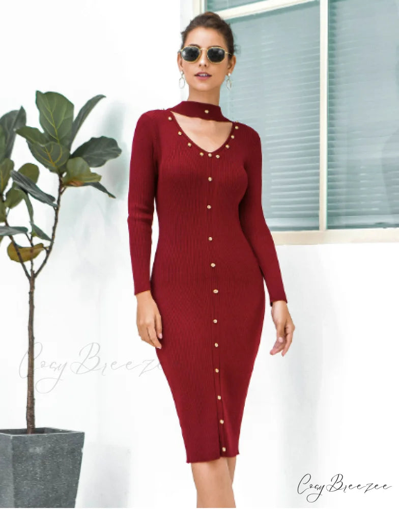 Long-Sleeved Beaded Knitted Sweater Skirt