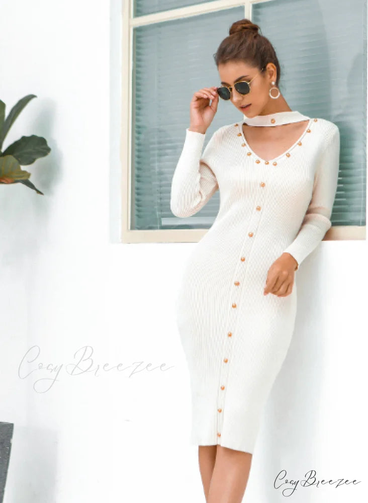 Long-Sleeved Beaded Knitted Sweater Skirt