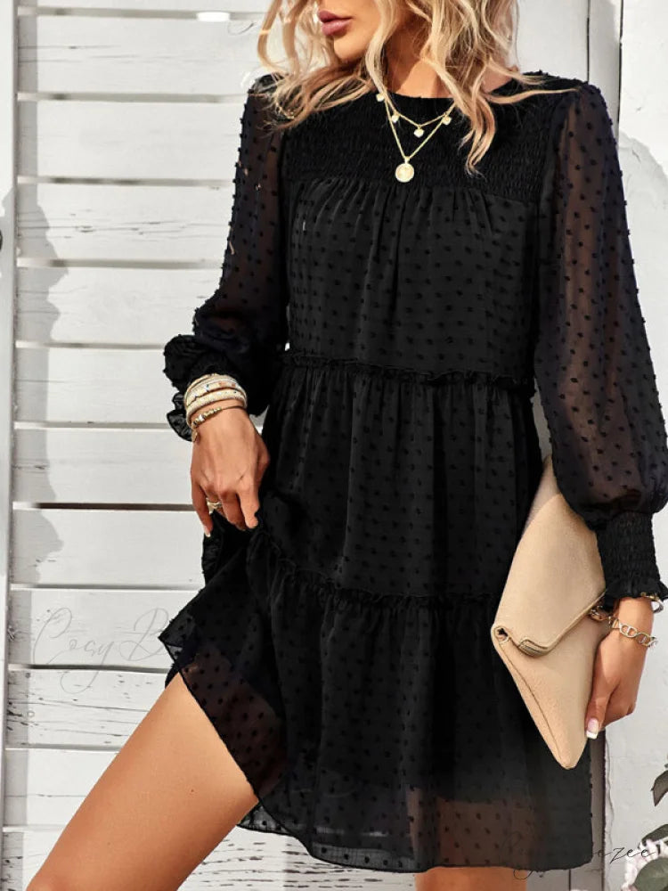 Long Solid Color Arm Mini Clip Gown Dot Chiffon for Women Black / S