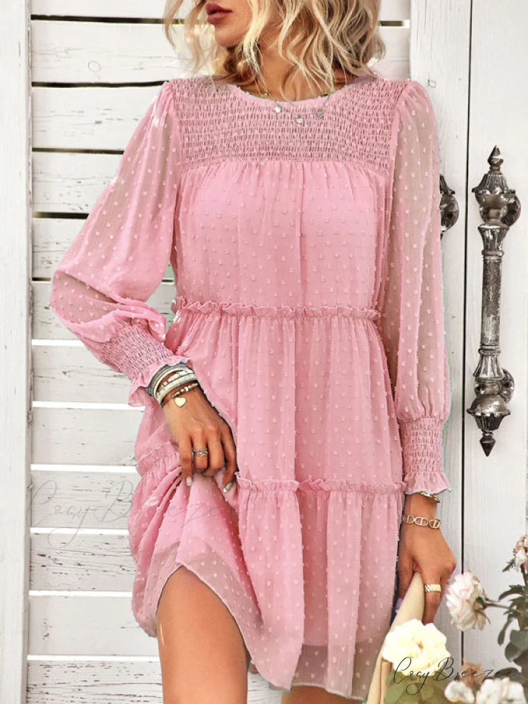 Long Solid Color Arm Mini Clip Gown Dot Chiffon for Women Pink / S