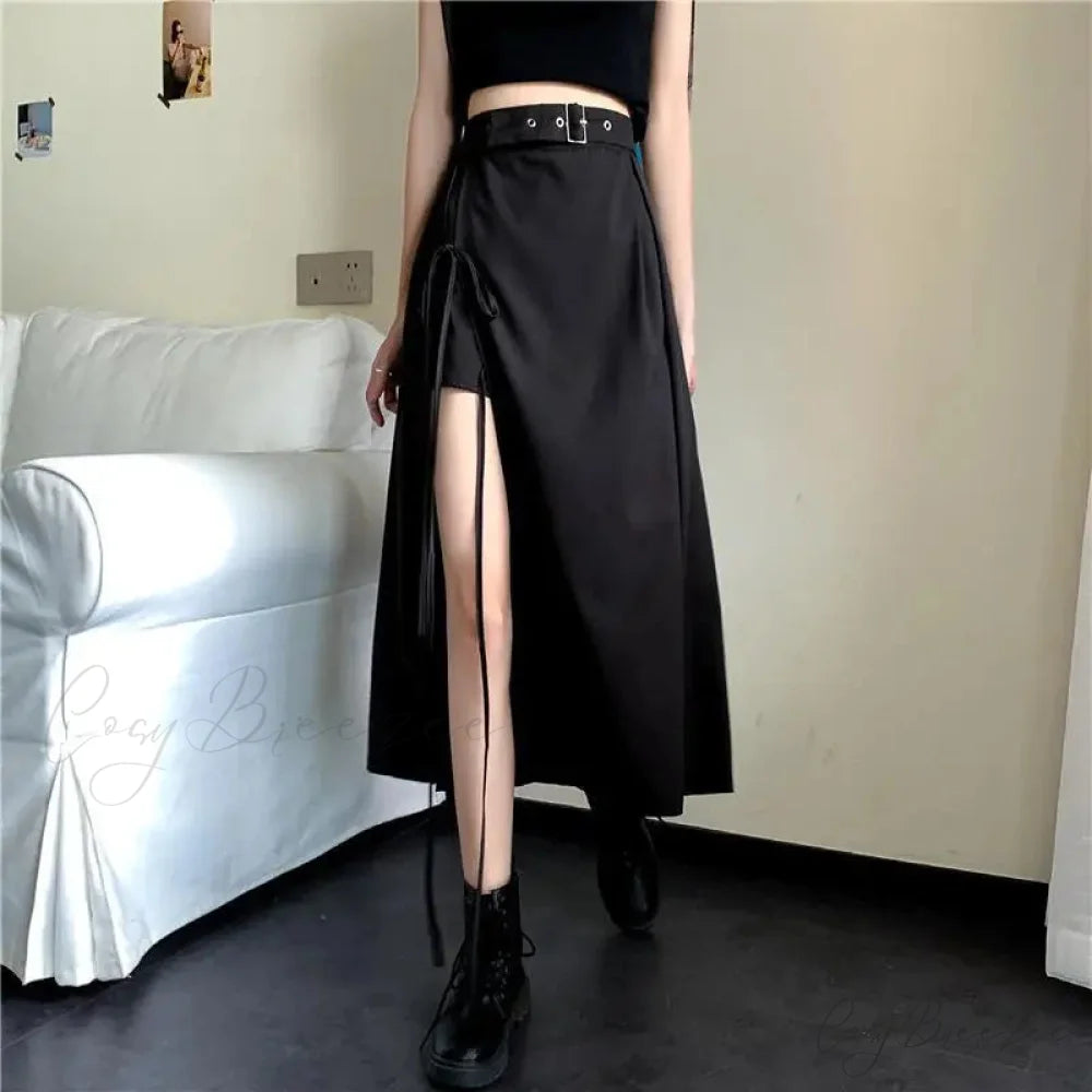 Long Solid Simple All Match High Waist Casual Comfortable Vintage Skirt BLACK / S