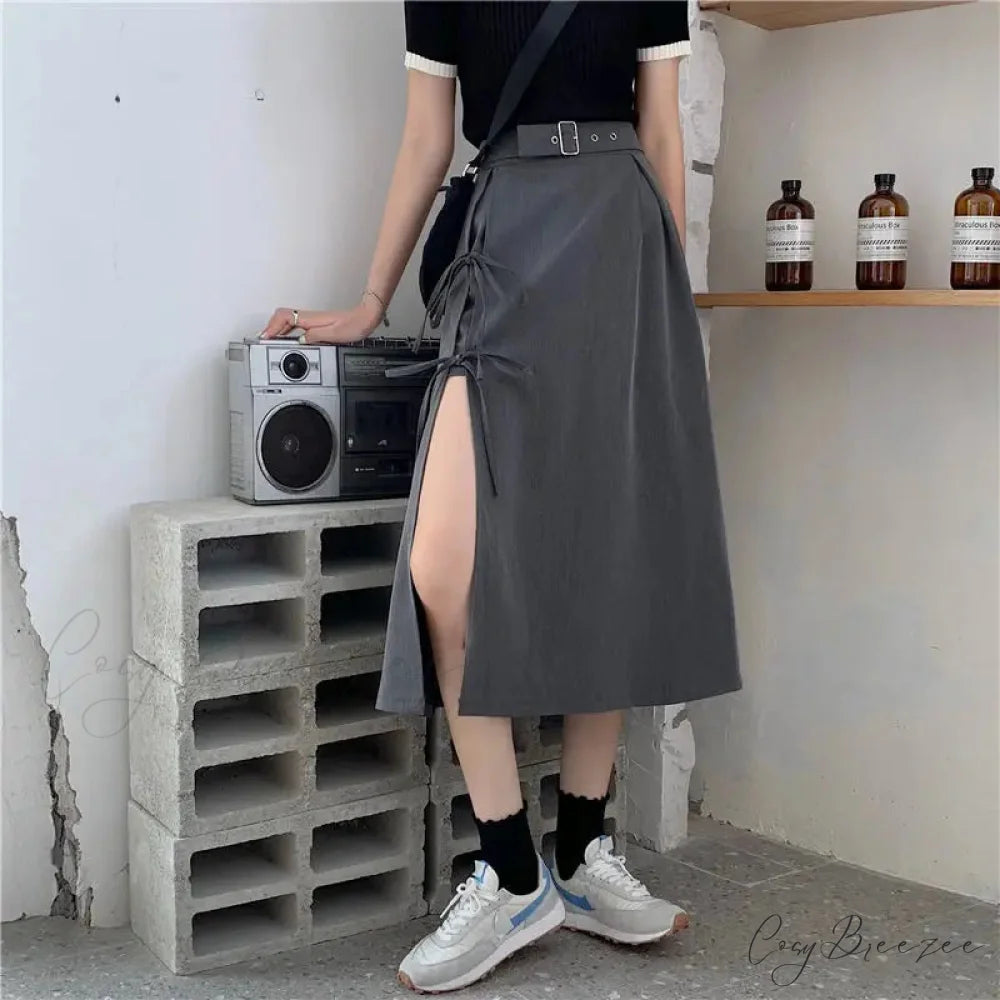 Long Solid Simple All Match High Waist Casual Comfortable Vintage Skirt GRAY / S