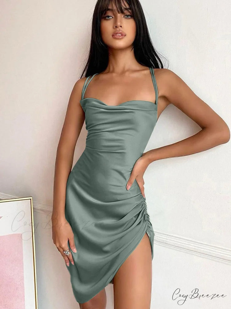 Look At Her Charming Wow Satin Mini Dress Dark green / S