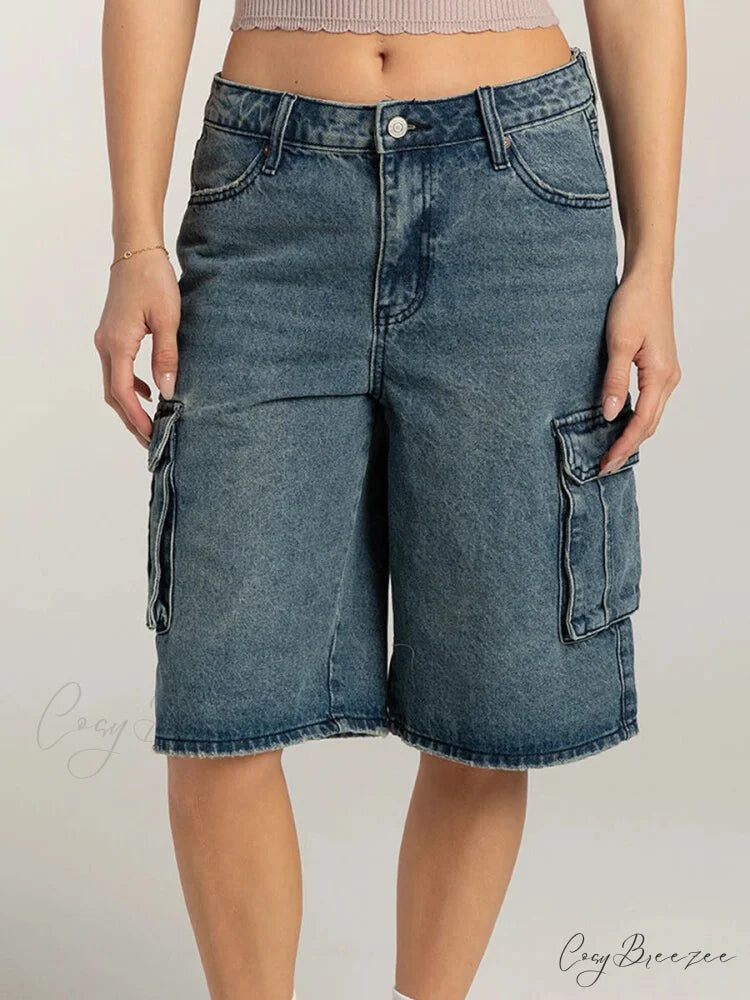 Loose Cargo Wide-Leg Denim Shorts Blue / S short-250223