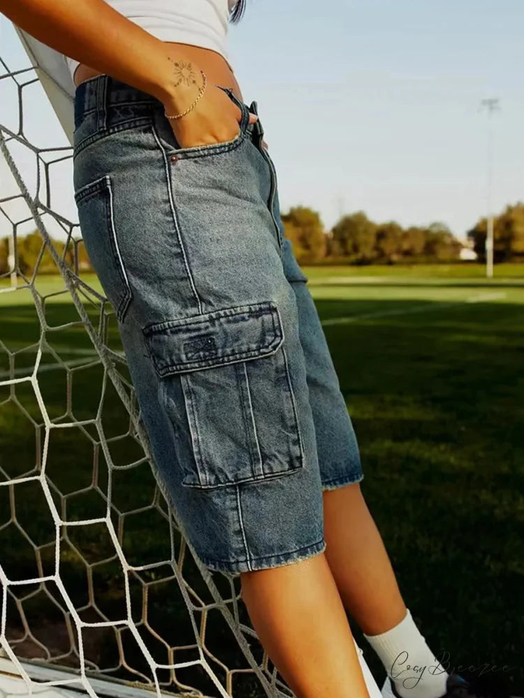 Loose Cargo Wide-Leg Denim Shorts short-250223