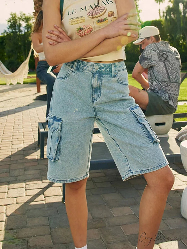 Loose Cargo Wide-Leg Denim Shorts short-250223