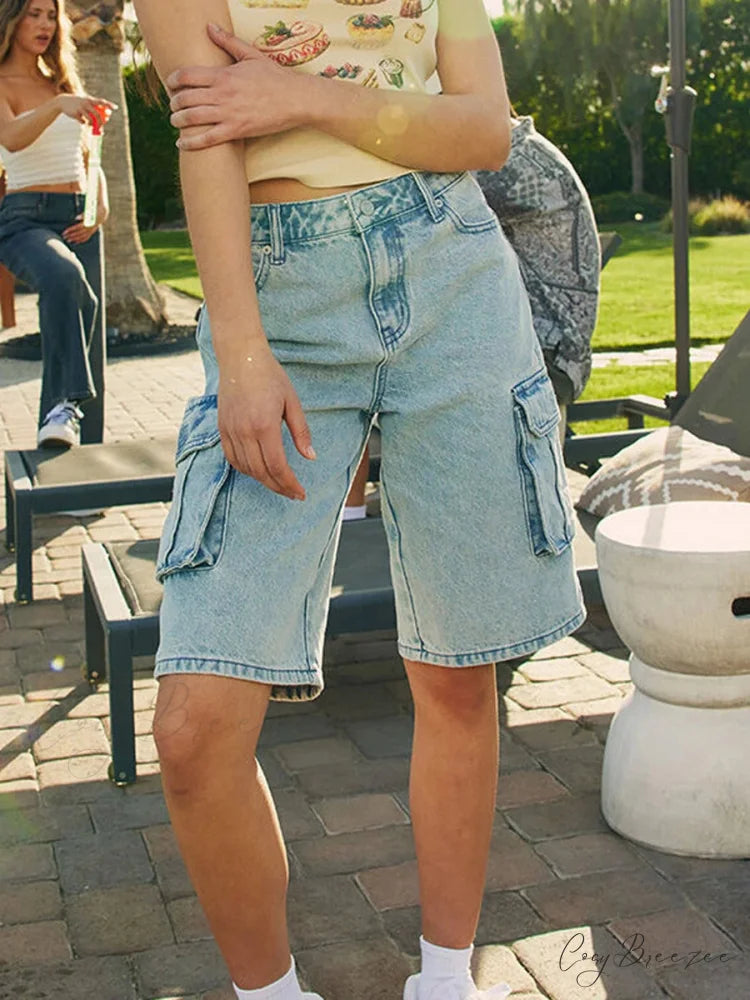 Loose Cargo Wide-Leg Denim Shorts SKY BLUE / S short-250223