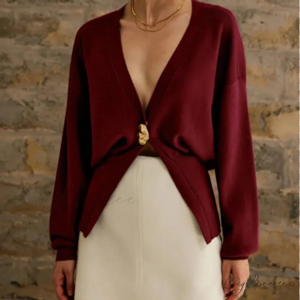 Loose Cutout V-Neck Knit Cardigan Wine Red / S cardigans-241228
