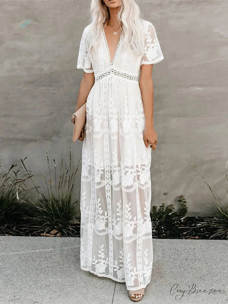 Loose Embroidery White Lace Maxi Boho Dress WHITE / S