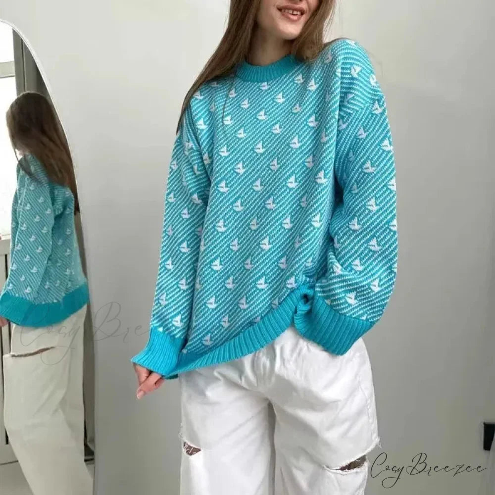Loose Fashion Printed Long Sleeve Sweater Blue / S swraters-241228