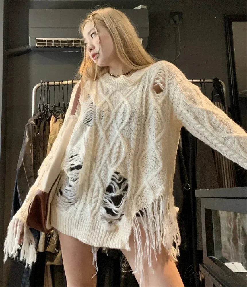 Loose Fitting Torn Knit Sweater white / S swraters-241228