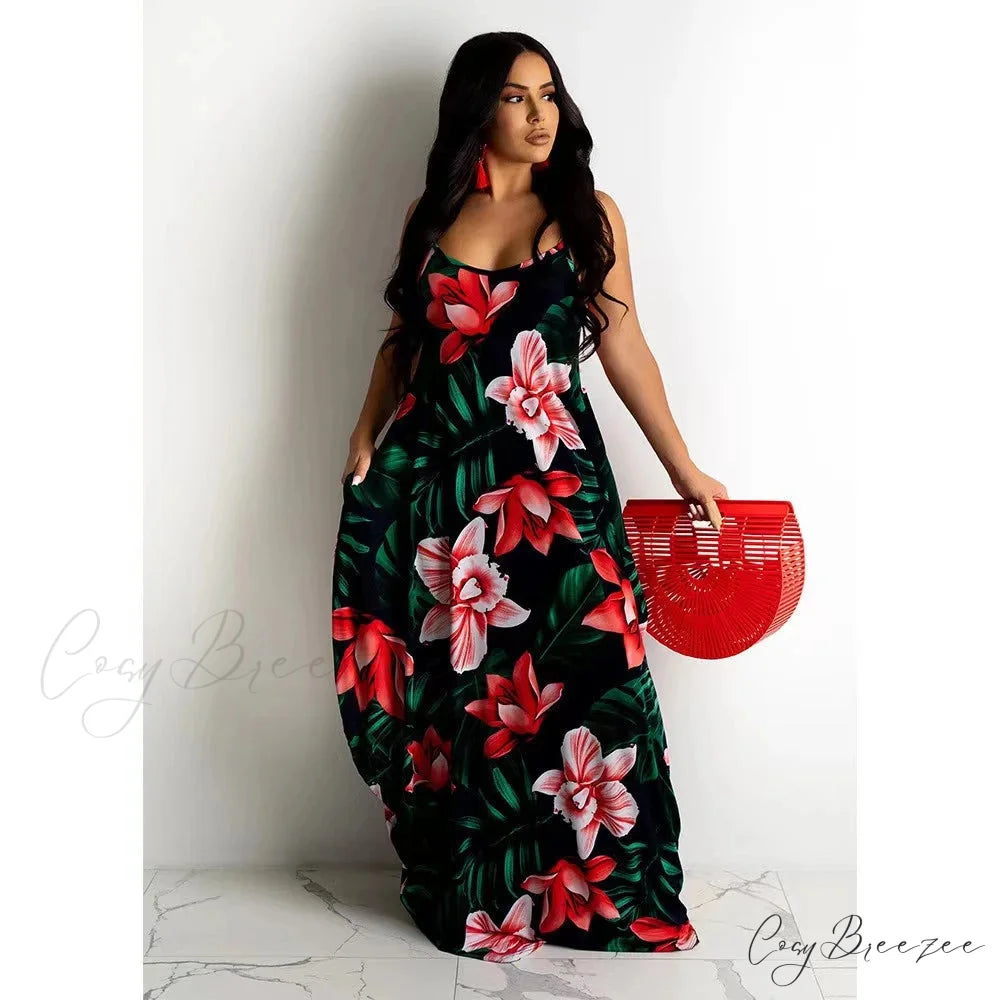 Loose Floral Print Slip Dress Long Skirt Floral Dress honghua-lvcao / S floraldress-250126