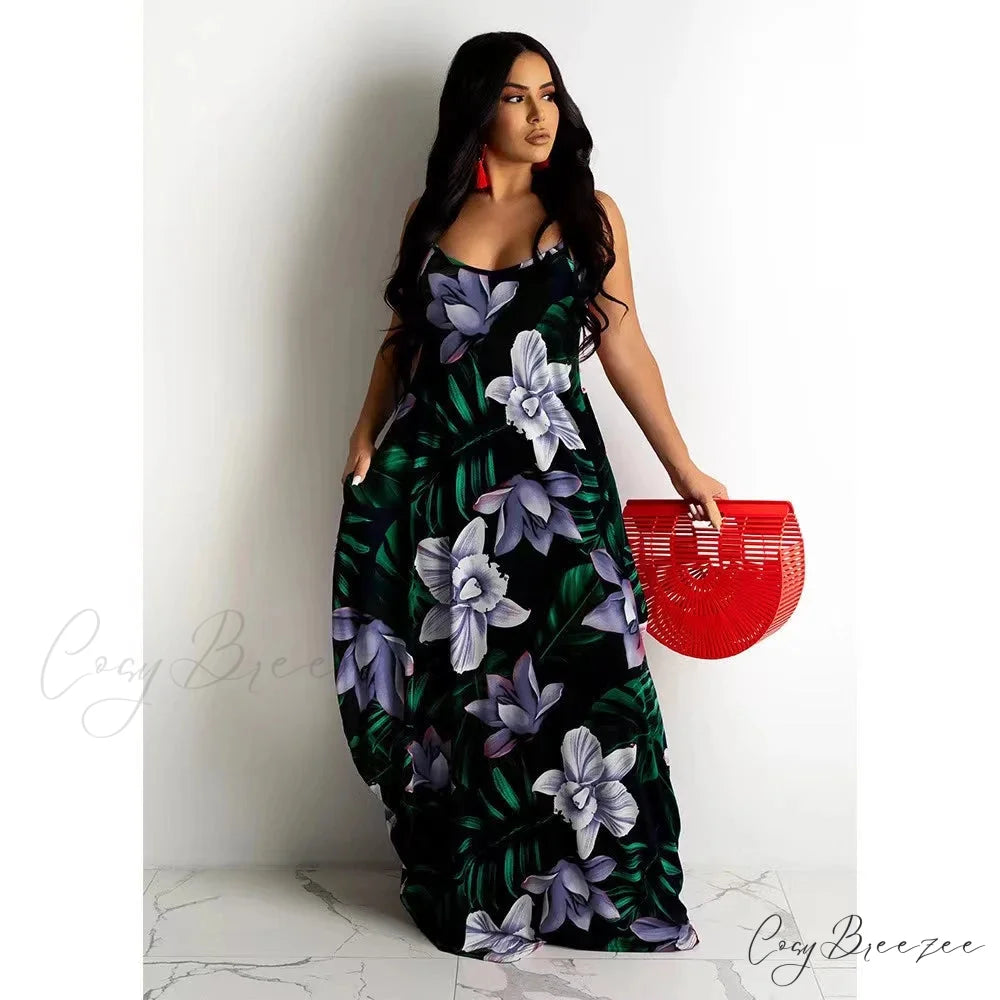 Loose Floral Print Slip Dress Long Skirt Floral Dress PURPLE / S floraldress-250126