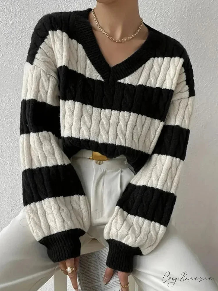 Loose Knit V-neck Vintage Pullover Sweater Black / S swraters-241228
