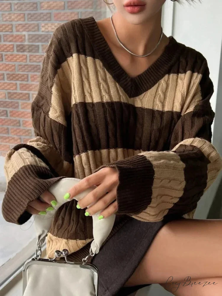 Loose Knit V-neck Vintage Pullover Sweater Dark Brown / S swraters-241228