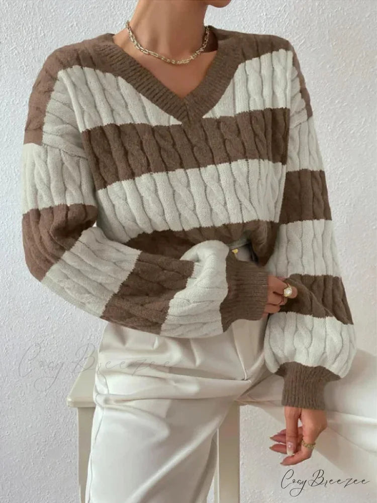 Loose Knit V-neck Vintage Pullover Sweater Khaki / S swraters-241228