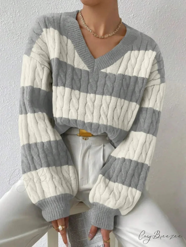Loose Knit V-neck Vintage Pullover Sweater Light Grey / S swraters-241228