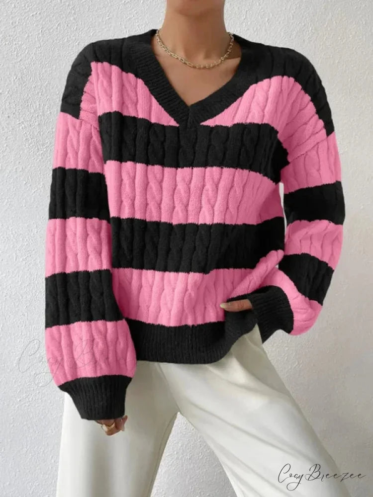 Loose Knit V-neck Vintage Pullover Sweater Rose Red / S swraters-241228