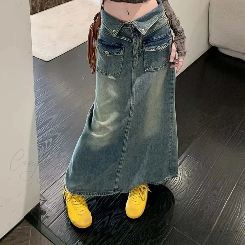 Loose Midi Wrap Denim Skirt Blue / S skirts-250223
