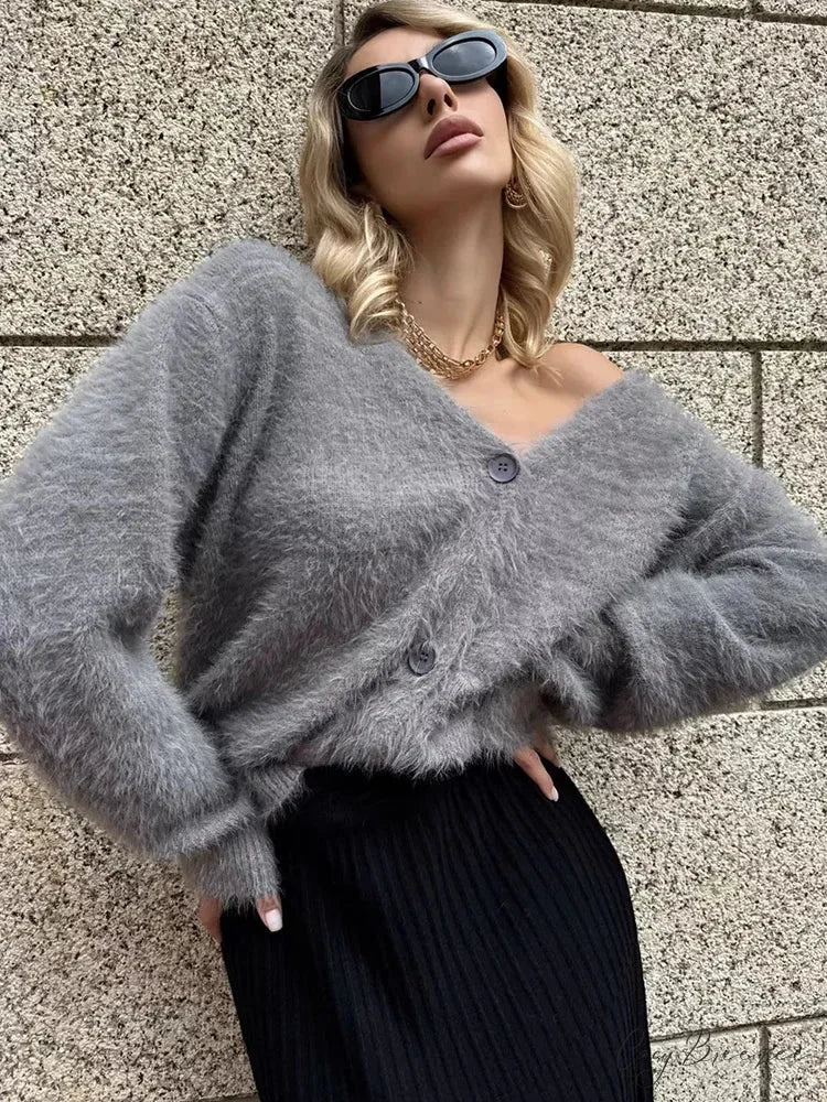 Loose Off Shoulder V-neck Cardigan Dark Gray / S cardigans-241228