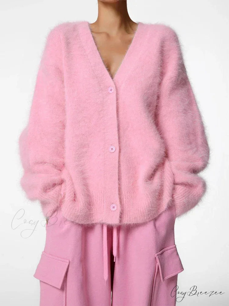 Loose Off Shoulder V-neck Cardigan Pink / S cardigans-241228