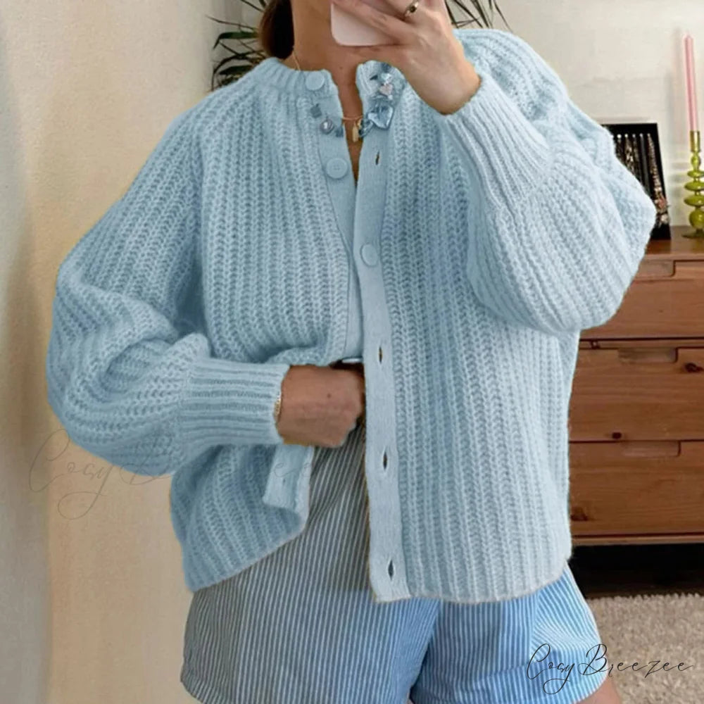 Loose Plain Crew Neck Button Cardigan blue / S cardigans-241228