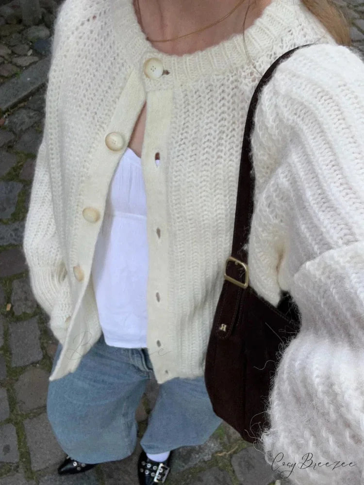 Loose Plain Crew Neck Button Cardigan cardigans-241228