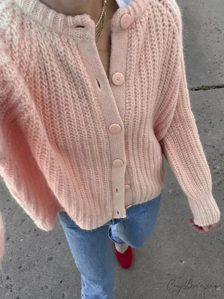 Loose Plain Crew Neck Button Cardigan cardigans-241228