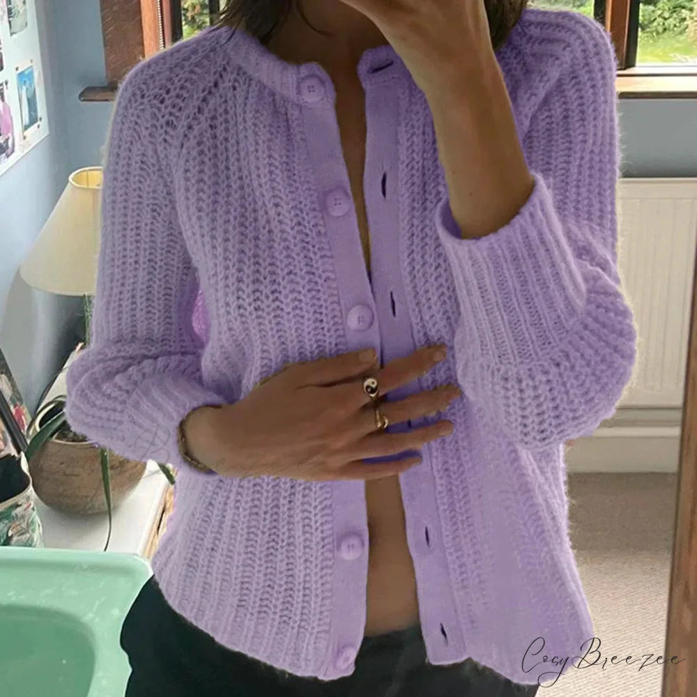 Loose Plain Crew Neck Button Cardigan cardigans-241228