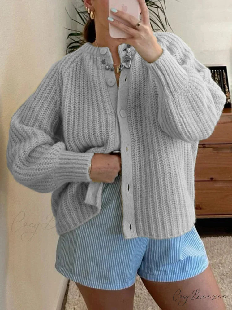 Loose Plain Crew Neck Button Cardigan grey / S cardigans-241228