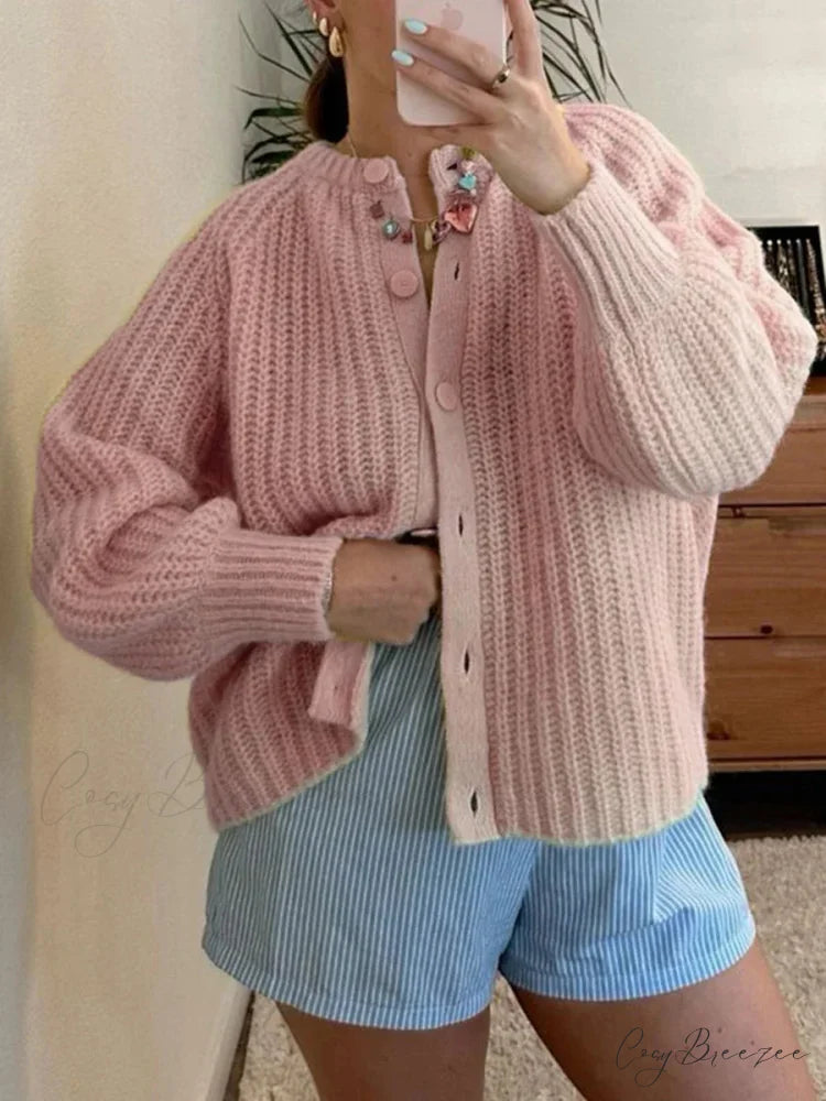 Loose Plain Crew Neck Button Cardigan pink / S cardigans-241228