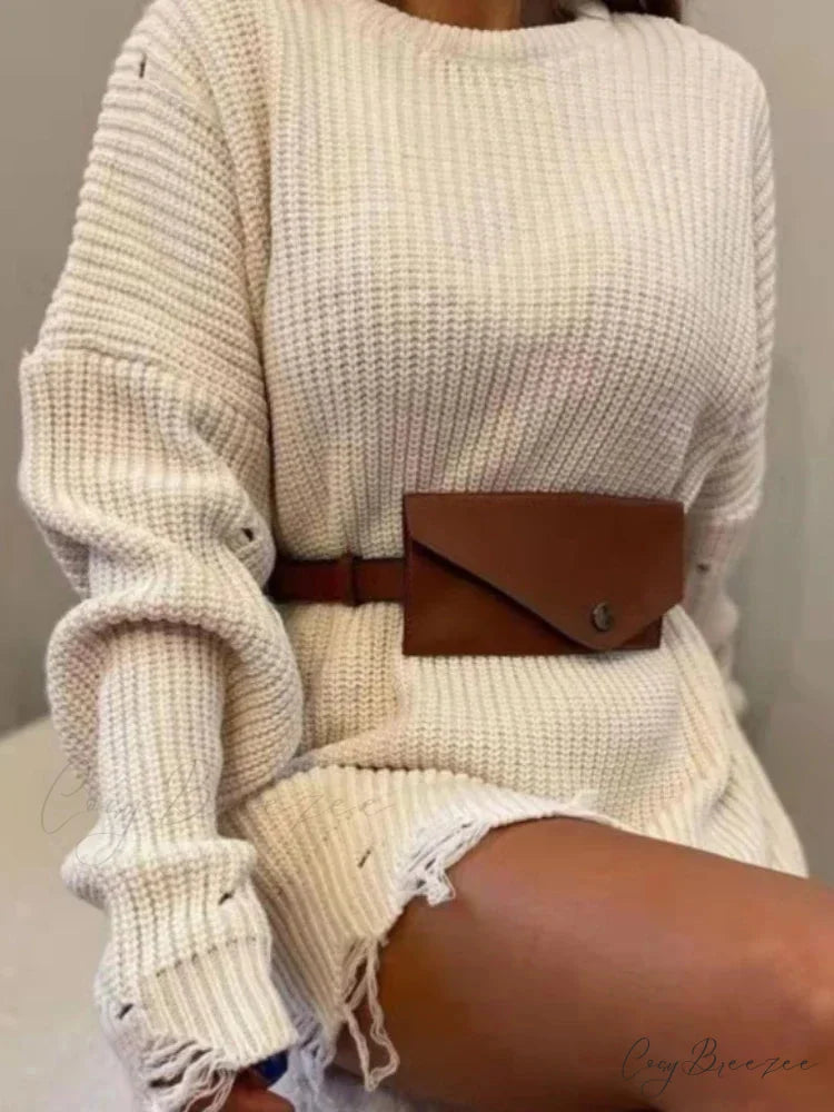 Loose Solid Ripped Round Neck Sweater Beige White / One Size swraters-241228