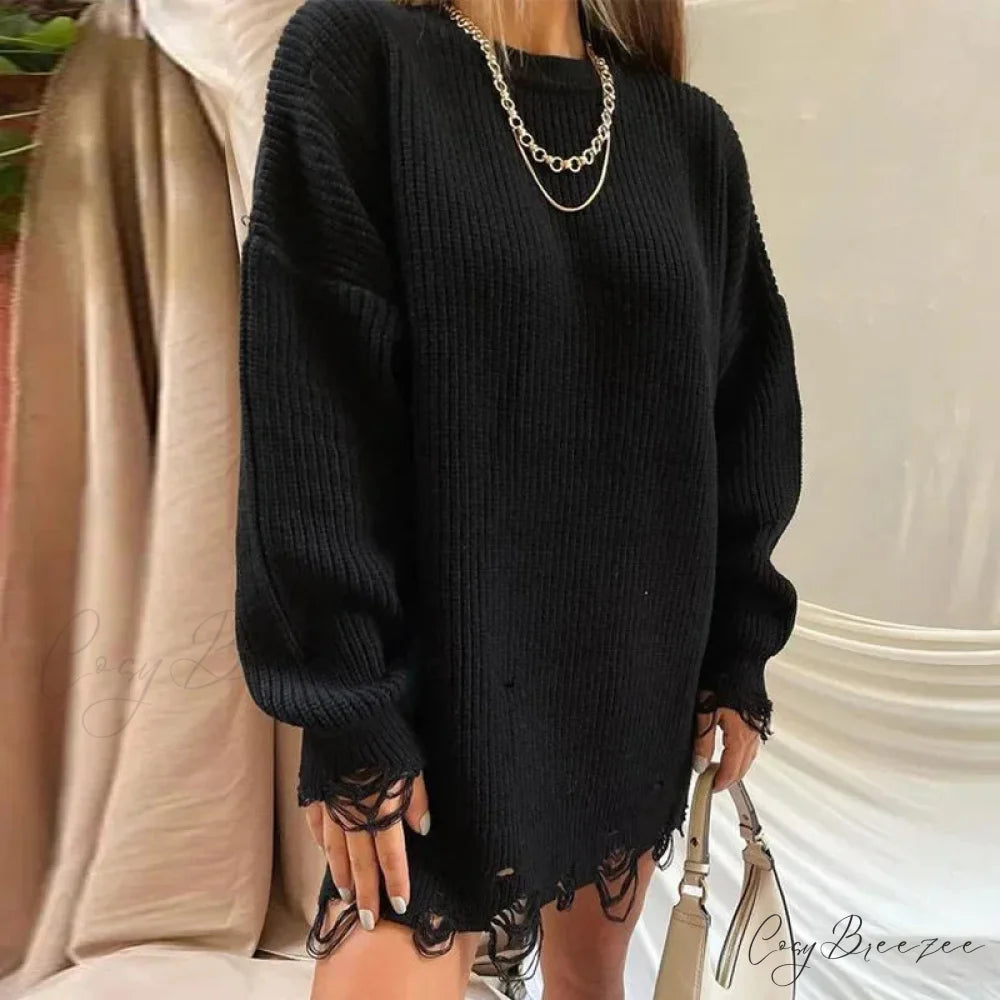 Loose Solid Ripped Round Neck Sweater Black / One Size swraters-241228