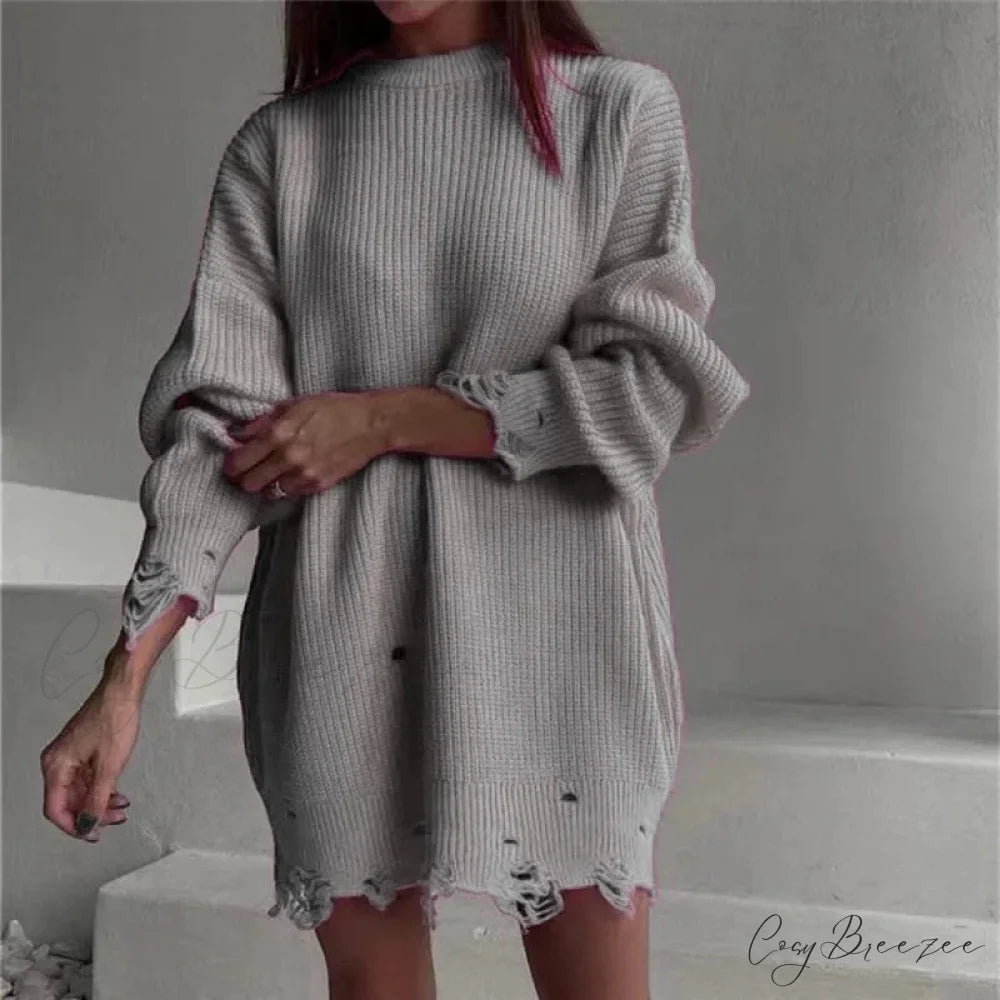 Loose Solid Ripped Round Neck Sweater Gray / One Size swraters-241228