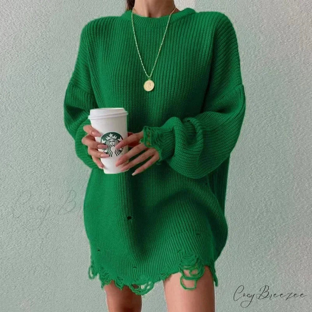 Loose Solid Ripped Round Neck Sweater Green / One Size swraters-241228