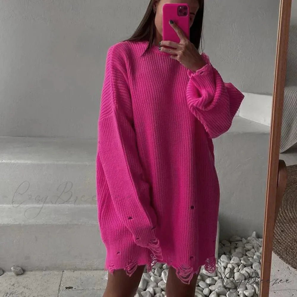 Loose Solid Ripped Round Neck Sweater Rose Red / One Size swraters-241228