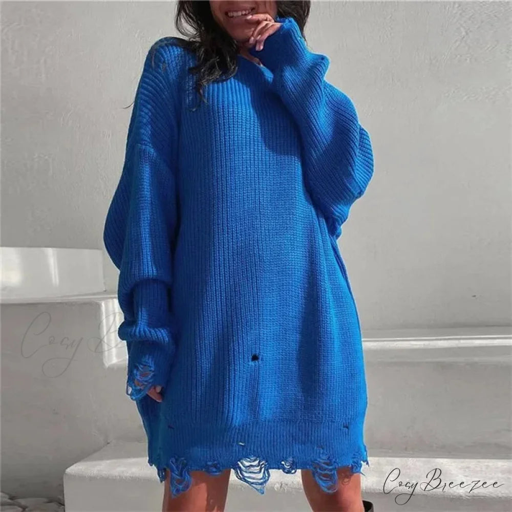 Loose Solid Ripped Round Neck Sweater swraters-241228