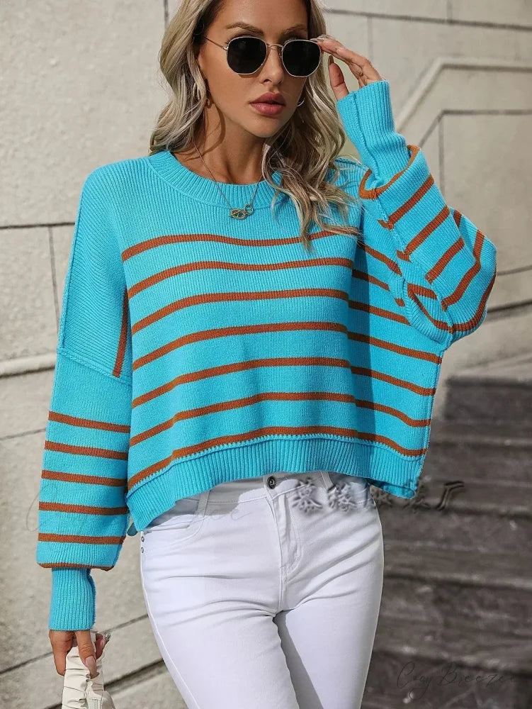 Loose Striped Crochet Sweet Sweater Blue / S swraters-241228