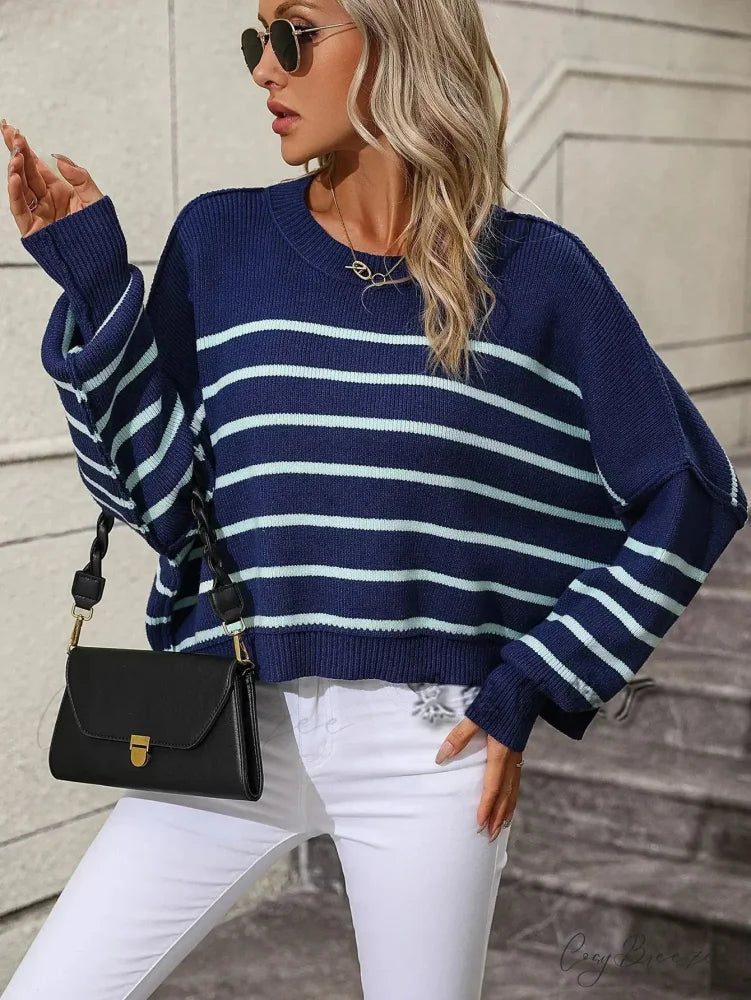Loose Striped Crochet Sweet Sweater navy / S swraters-241228