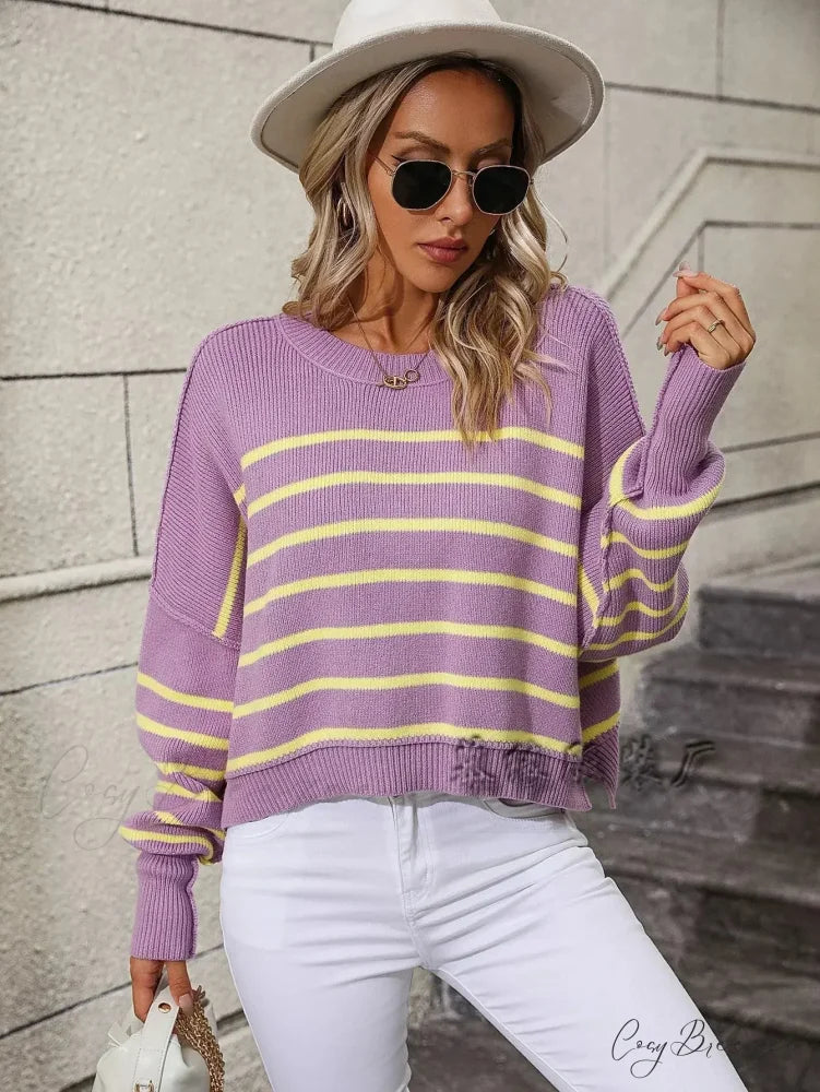 Loose Striped Crochet Sweet Sweater Purple / S swraters-241228