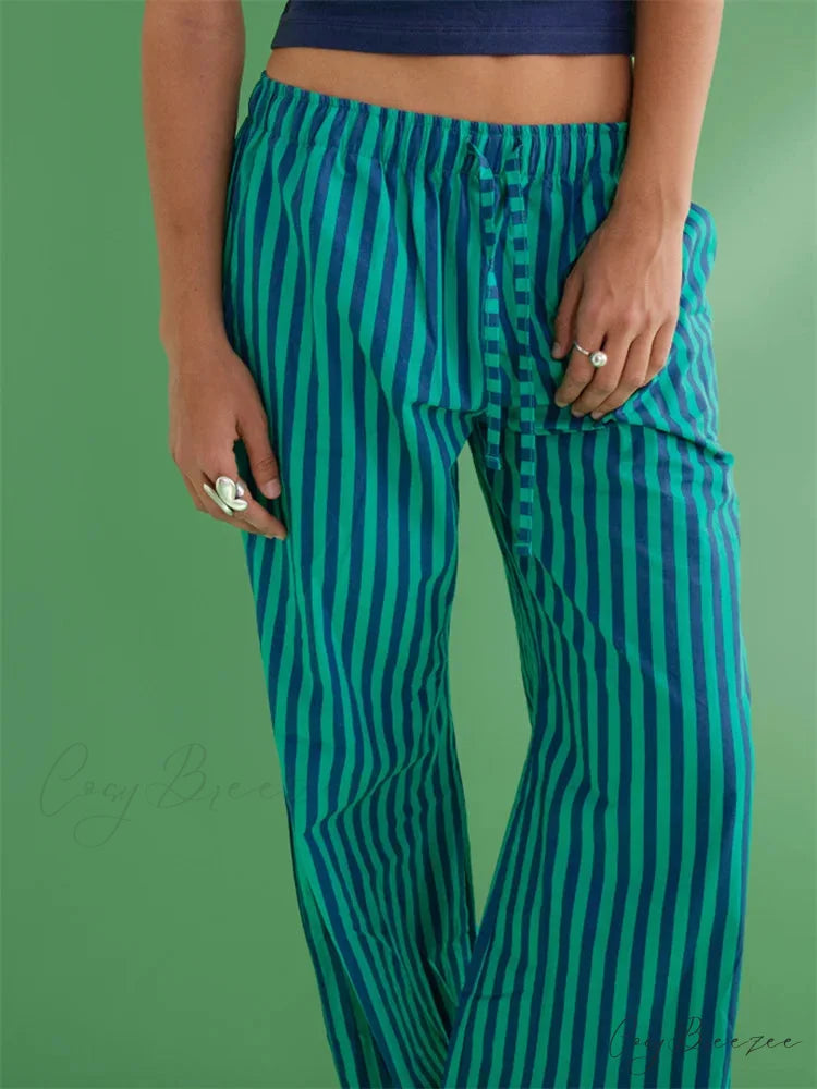 Loose Striped Drawstring Wide Leg Pocket Pant pant-250223