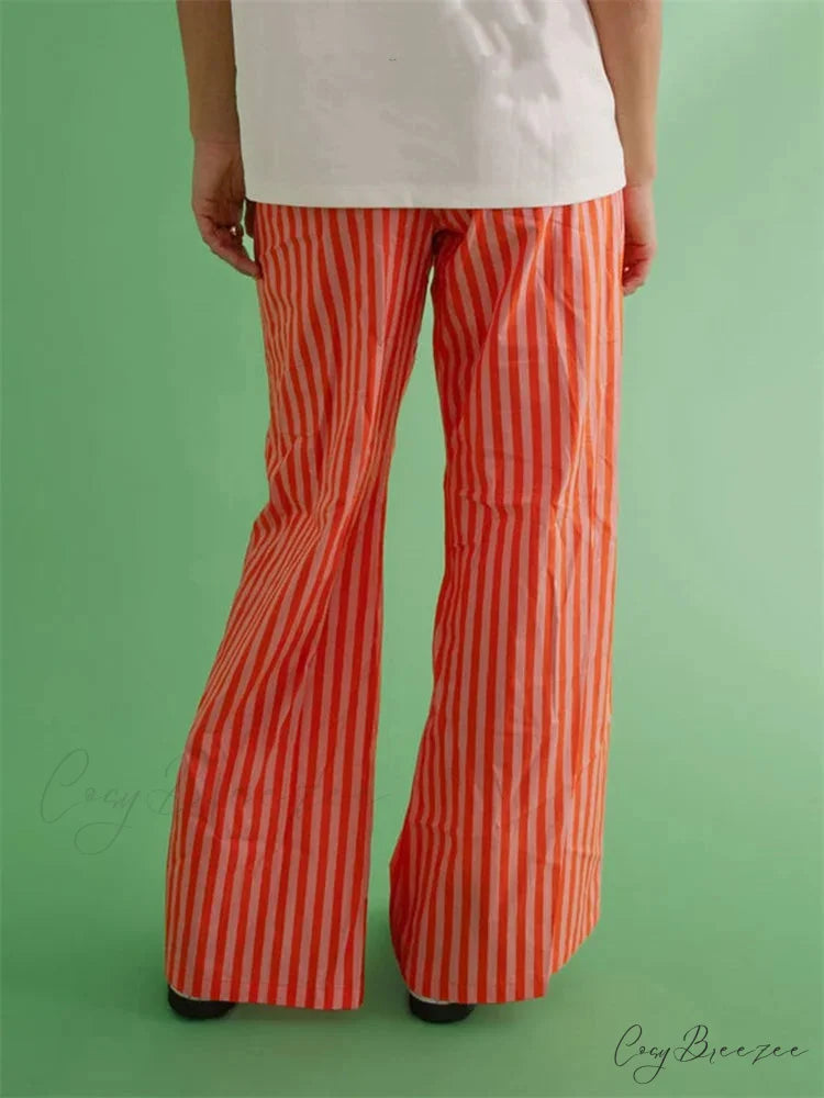 Loose Striped Drawstring Wide Leg Pocket Pant pant-250223