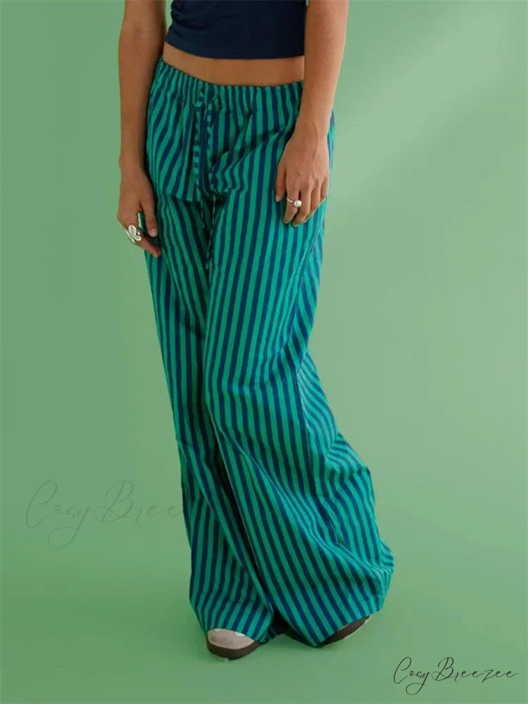 Loose Striped Drawstring Wide Leg Pocket Pant pant-250223