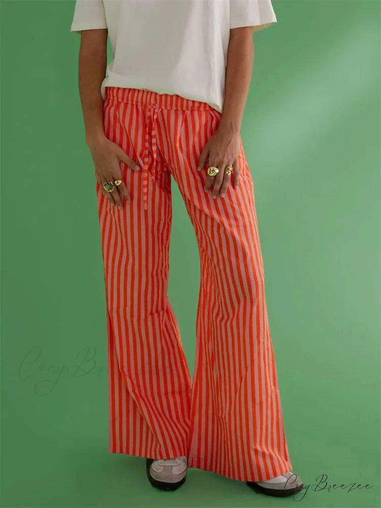 Loose Striped Drawstring Wide Leg Pocket Pant ORANGE / S pant-250223