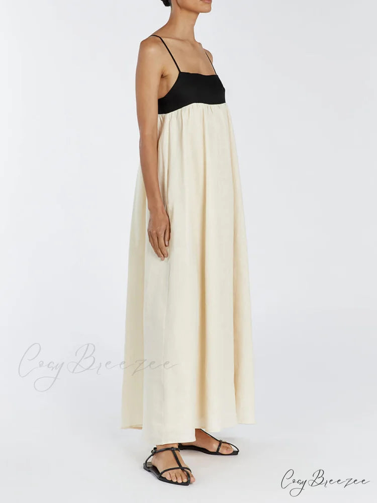 Loose Suspender Black And Graceful White Patchwork Maxi Dress