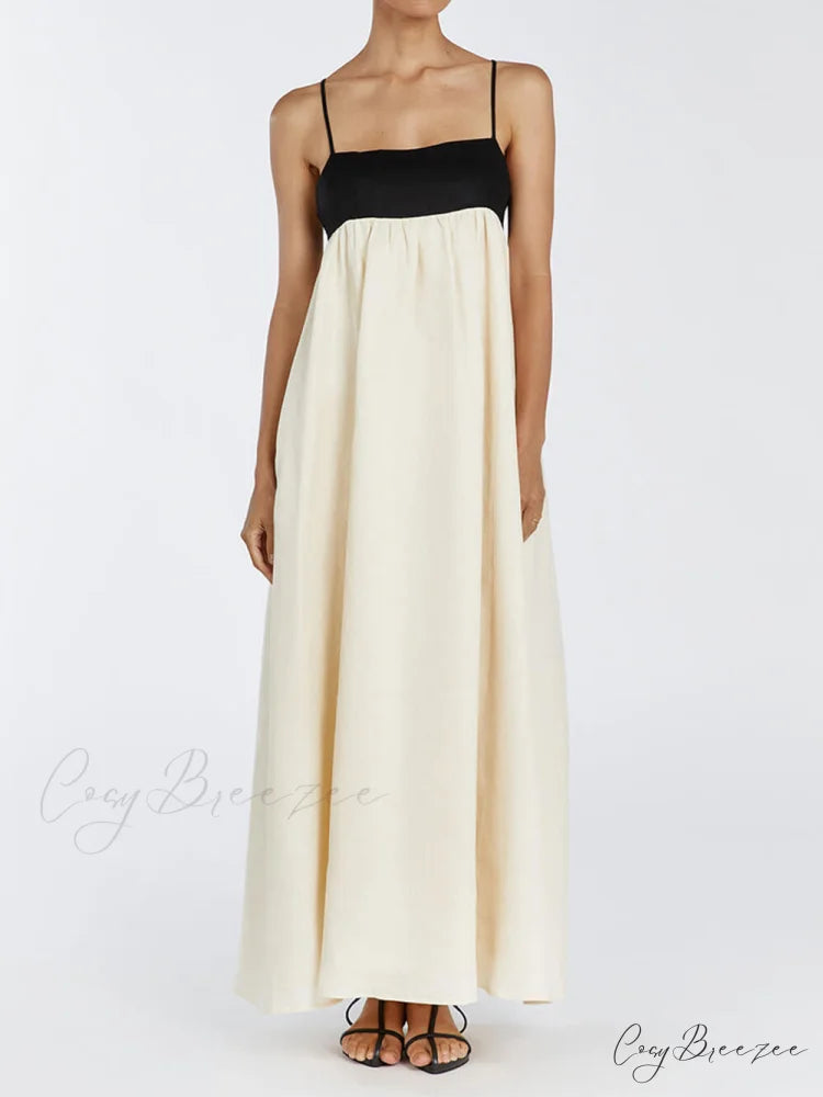 Loose Suspender Black And Graceful White Patchwork Maxi Dress Ivory / S