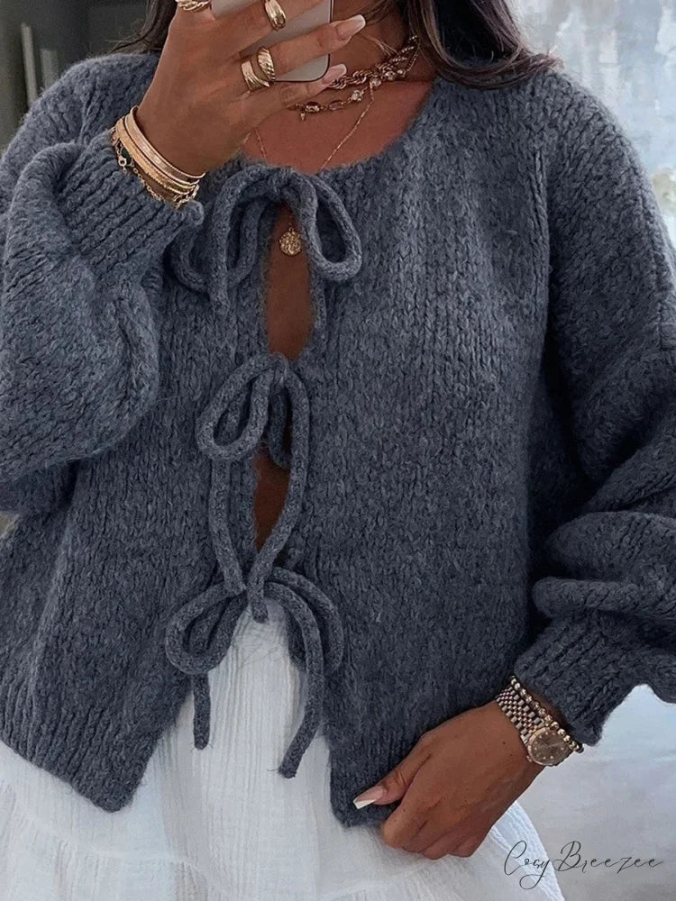 Loose V-Neck Tie Front Knit Cardigan black / S cardigans-241228